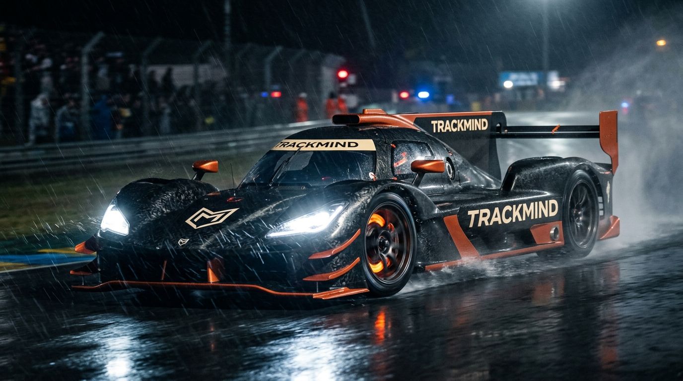 Hypercar TrackMind sous la pluie, de nuit